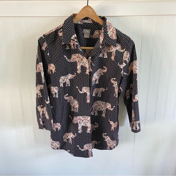 Chico's Size 1 Black Polka Dot Elephants Button Up Shirt No Iron Stain Sheild - Picture 5 of 14